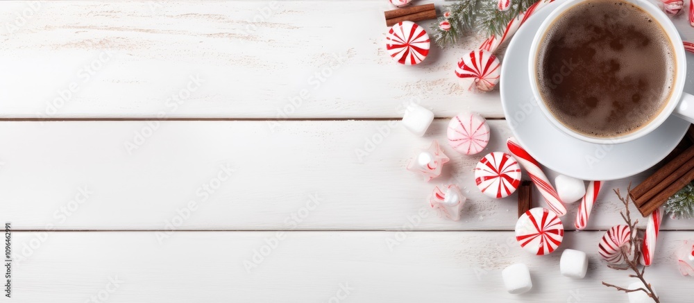 Aufkleber cozy winter hot chocolate with marshmallows and peppermint candies in a white mug top view on wood b