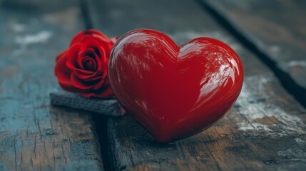 Fototapeta premium Shiny red heart and rose on rustic wooden surface