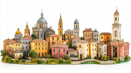 Naklejka premium Picturesque Townscape Featuring Historic Churches, Townhouses, and Cultural Landmarks