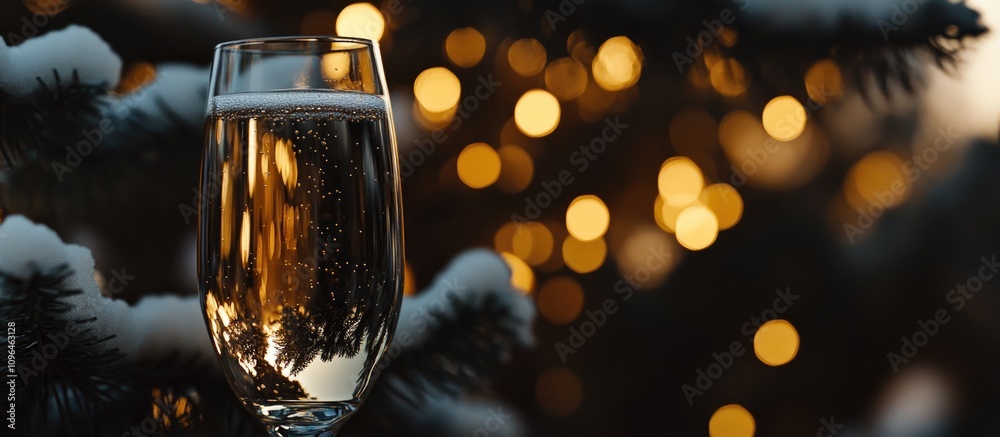 Poster champagne glass against a festive tree background with blurred lights creating a warm and celebrator