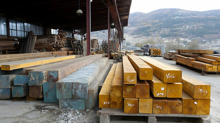Lumber Yard Stacks. Rustic Wood Beams in Mountain Setting