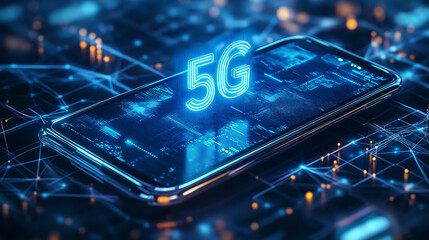 5G Technology Concept with Glowing Icons and Dynamic Data Network Visuals