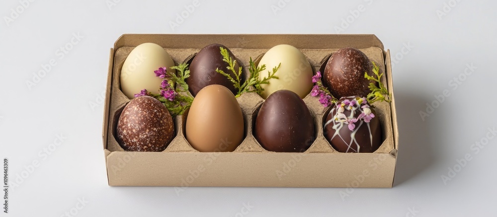Poster assorted chocolate eggs in a natural-themed box with flowers for an elegant table decoration on a wh