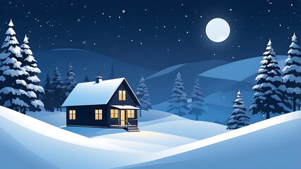 Fototapeta premium Festive Christmas night with a snowy winter scenery with standing landscape lighting Christmas house.