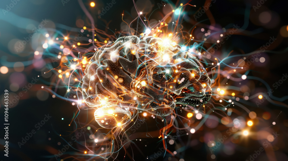 Poster visualizing neural interfaces exploring geometric brain-computer connections in a cybernetic environ