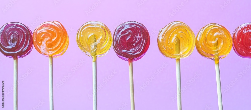 Poster colorful candy lollipops arranged in a row on a vibrant purple background for fun and playful themed