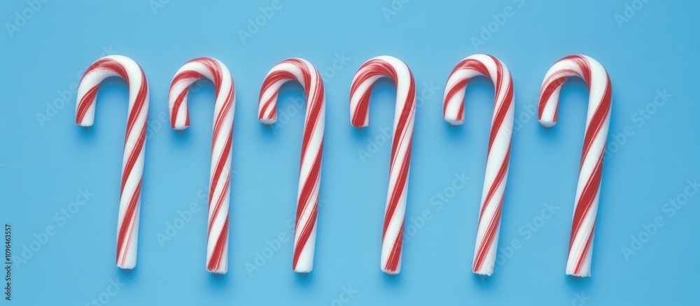 Poster Christmas candy canes arranged in a linear pattern on a vibrant blue background creating a festive and cheerful holiday atmosphere