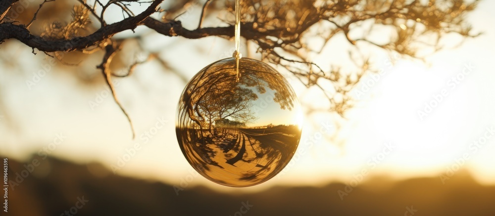 Poster golden ornament hanging from a tree branch reflecting sunlight and nature in the background during a