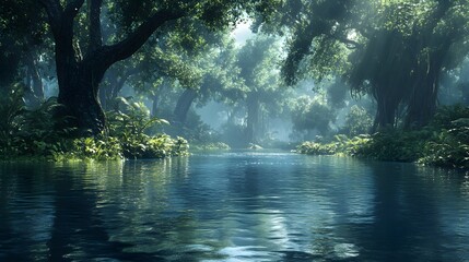 Obraz premium Serene misty forest with calm waters, lush greenery, and vibrant reflections.