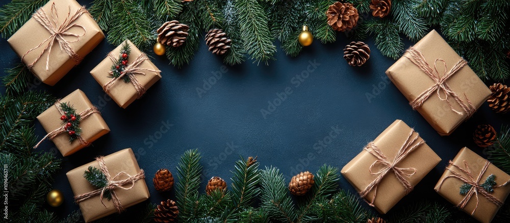 Poster christmas greeting card design with wrapped gift boxes surrounded by fir tree branches and festive d