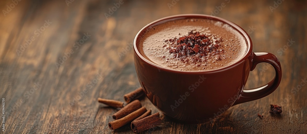 Poster rich chocolate cocoa in a rustic mug on a wooden surface with cinnamon sticks enhancing the cozy hol