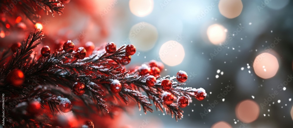 Poster Red Christmas tree ornament on a frosty pine branch with bokeh lights creating a festive winter atmosphere