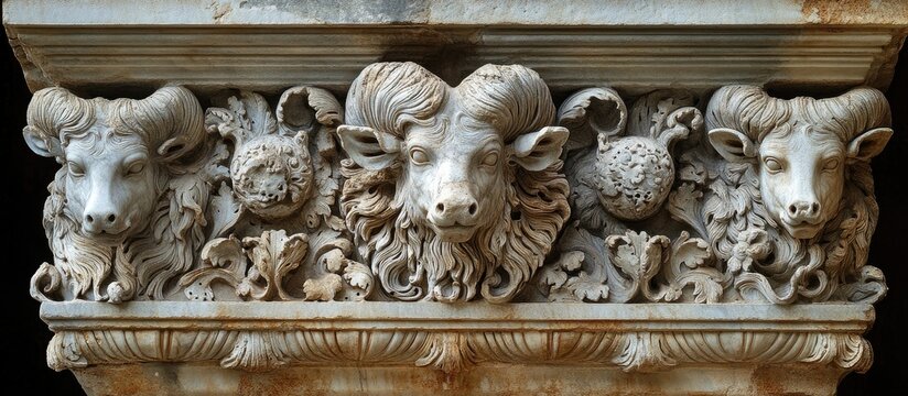 Marble ornamental sculpture featuring ram heads from the Temple of Augustus archaeological site in ancient Roman architecture