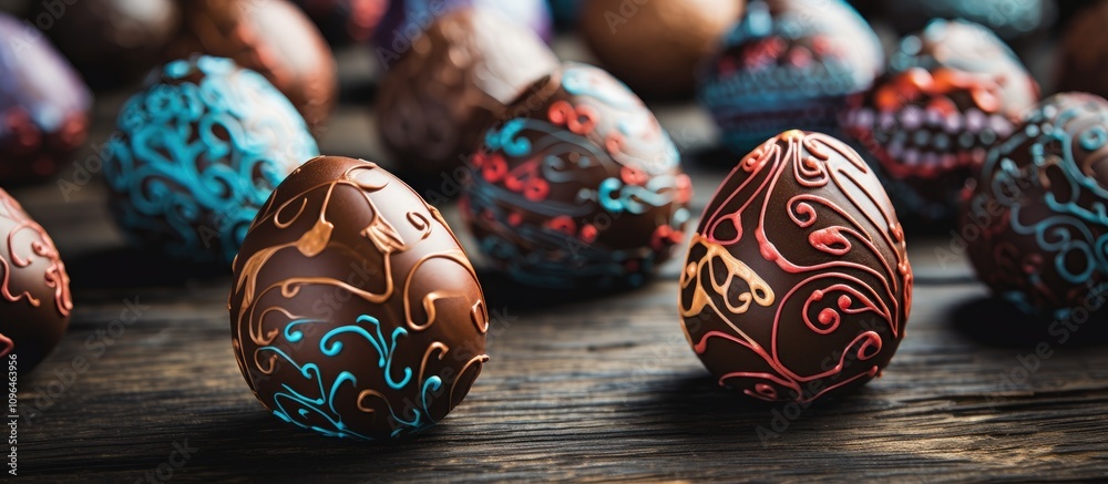 Poster Chocolate Easter Eggs Decorated with Colorful Patterns on Rustic Wooden Background