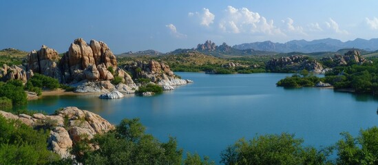 Naklejka premium Panoramic landscape of serene lagoons surrounded by majestic granite formations and lush greenery under a clear blue sky