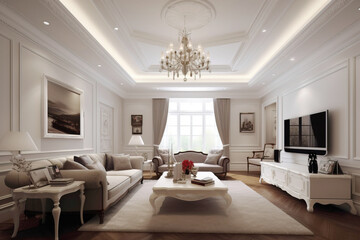 Fototapeta premium European interior design of a living room in an apartment house, warm colors, white soft colors. AI Generative.