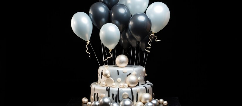 Elegant silver tiered cake with balloons for a children's birthday celebration on a striking black backdrop