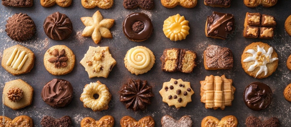 Poster assorted festive cookies arrangement for holiday baking display on rustic tabletop