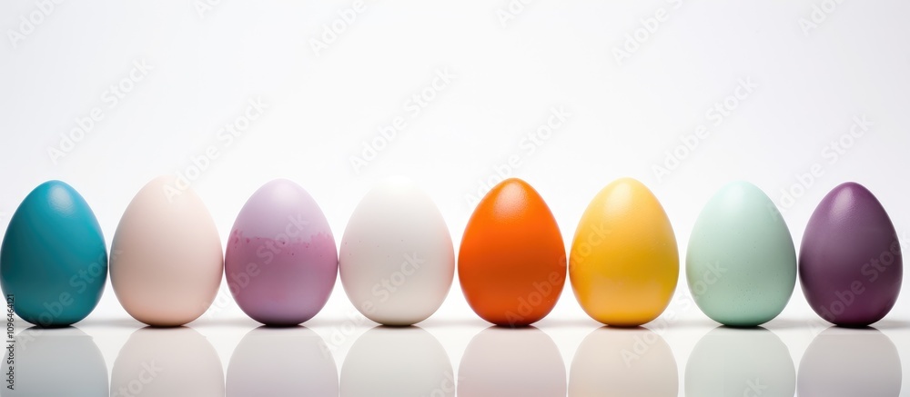 Poster Colorful decorative eggs arranged in a row on a reflective surface against a minimalistic white background for festive themes