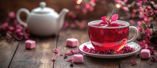 Fototapeta premium Red hibiscus tea in a white cup garnished with apple tree flower alongside pink marshmallows and a teapot on a rustic wooden table.