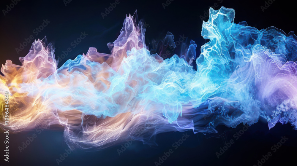 Poster visualizing quantum probability cloud geometric wave function representation in soft translucent col