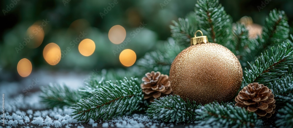 Poster elegant christmas scene with festive golden ornament nestled in evergreen branches and cones against