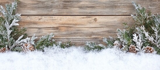 Rustic wooden backdrop adorned with snow and festive greenery creating a charming Christmas decoration border scene