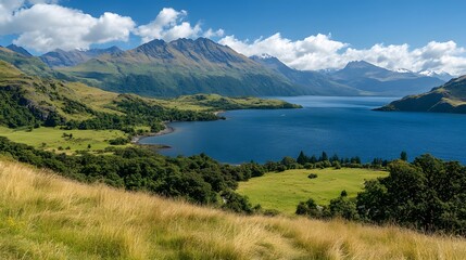 Obraz premium Breathtaking landscape of mountains and serene lake under a blue sky.