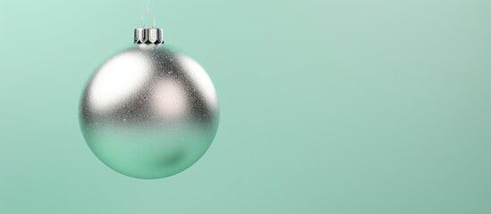 Silver glitter Christmas tree ball displayed against a soft mint green background for festive holiday decor and seasonal celebrations.