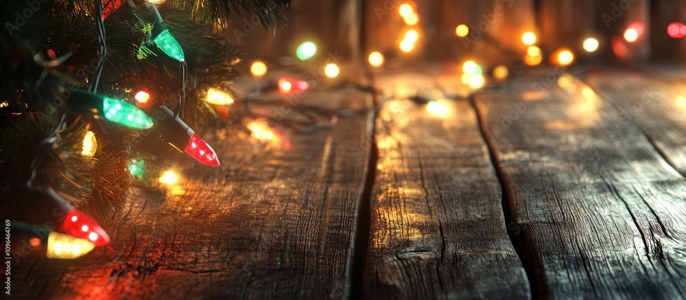 Poster festive christmas lights glowing on rustic wooden surface creating a warm and cozy holiday atmospher