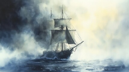 Sailing Ship Emerging From Misty Ocean Depths