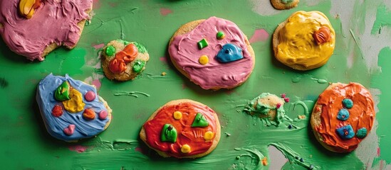 Colorful cookies decorated by children on a vibrant green background showcasing creativity and fun in baking activities.