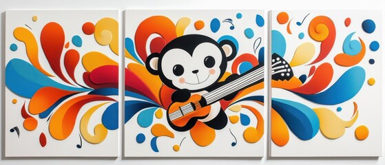 Naklejka premium Colorful artwork featuring a playful monkey playing guitar amidst vibrant swirls of color, perfect for children's decor.
