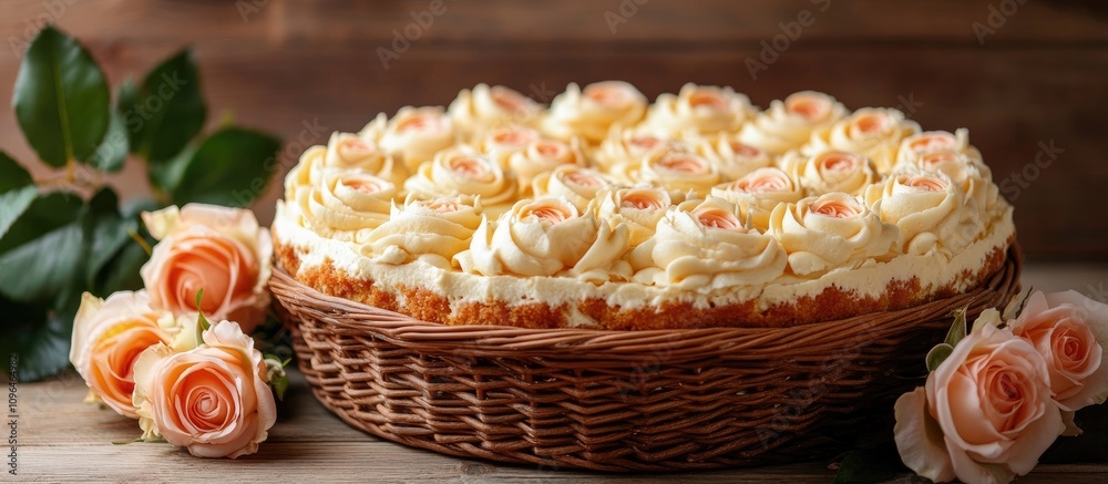 Aufkleber delicious creamy cake adorned with delicate roses arranged in a wicker basket on a rustic wooden tab