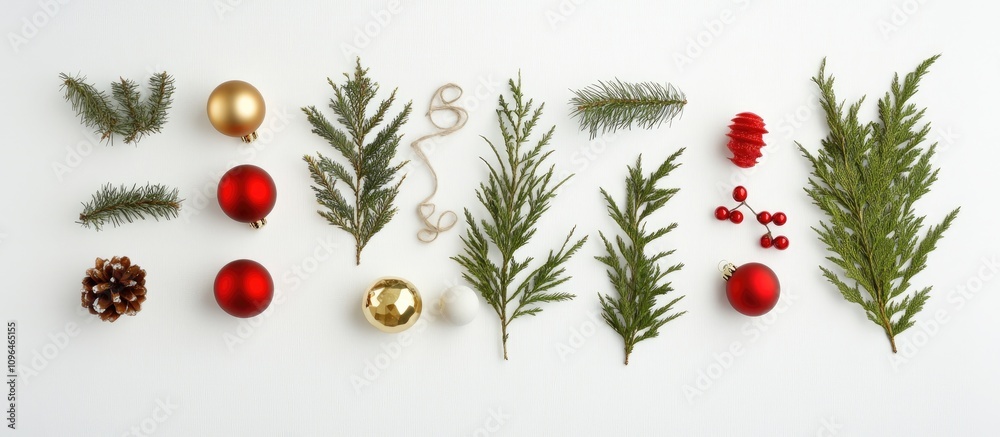 Poster Christmas flat lay featuring fir tree branches red and golden ornaments pinecone on white backdrop for festive decoration concepts.