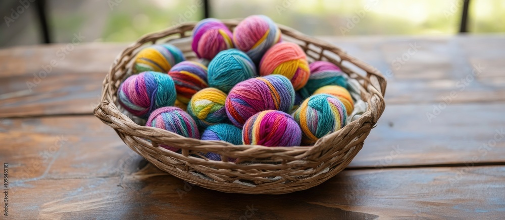 Aufkleber colorful wool yarn easter eggs in a rustic basket on a wooden table creating a festive spring atmosp
