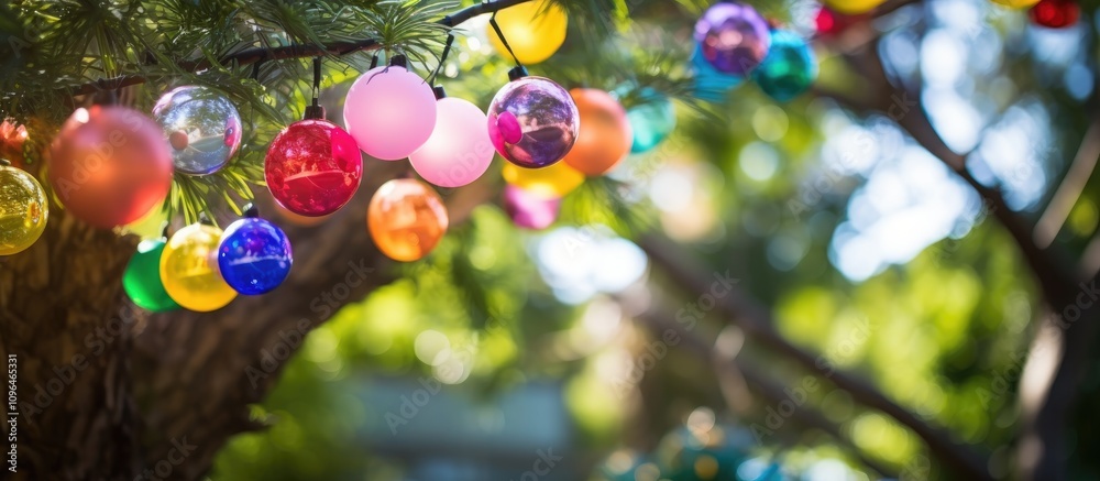Poster vibrant decorative ornaments hanging on a tree in a garden with soft focus effect on a sunny day
