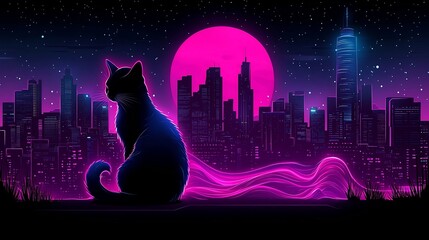 Ethereal City Skyline with Majestic Moon and Silhouetted Cat in Dramatic Neon Landscape