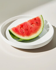 Minimalist food presentation single slice of watermelon on clean white plate natural light product photography contemporary style