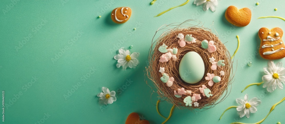 Poster easter festive decoration with colored egg in nest gingerbread cake and flowers on stylish mint back