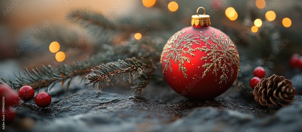 Aufkleber red christmas ornament resting on rustic stone with pine branches and soft bokeh lights creating a w
