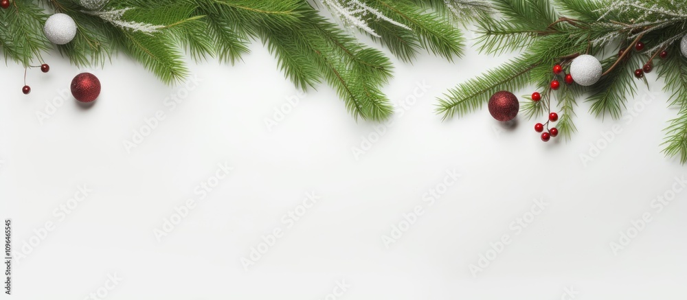 Poster minimalist christmas flat lay with green tree branches and festive decorations on a white textured b