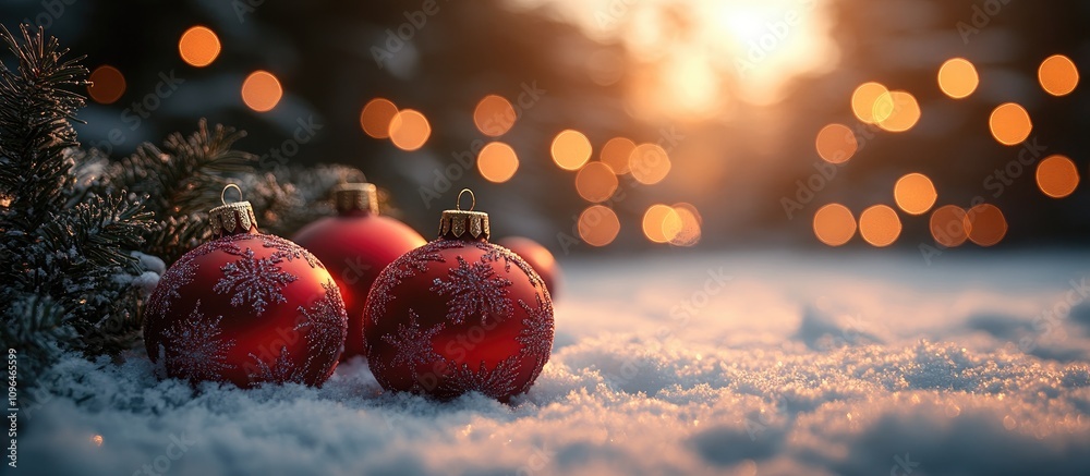 Aufkleber christmas card with red ornaments and festive decorations nestled in fresh snow during sunset with g
