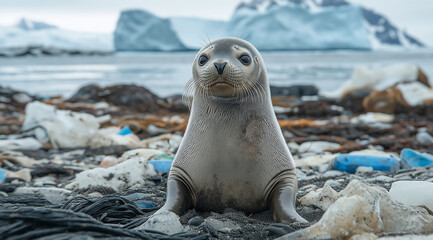 A cute seal is sitting on the beach of Antarctica, surrounded by plastic waste and oil stains from cargo ships that have washed up to form an ice wall in the background. The young