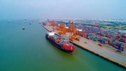 Container ship in import export and business logistic , Shipping, Aerial view, Water transport, Shell Marine 