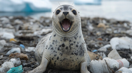 Obraz premium Cute seal on the beach of Antarctica, surrounded by plastic waste and garbage, laughing at the camera with mouth wide open, icebergs in the background, 
