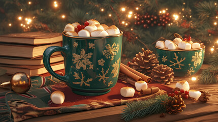 cup of hot chocolate with marshmallows, cinnamon, Merry Christmas and Happy New Year banner with copy space