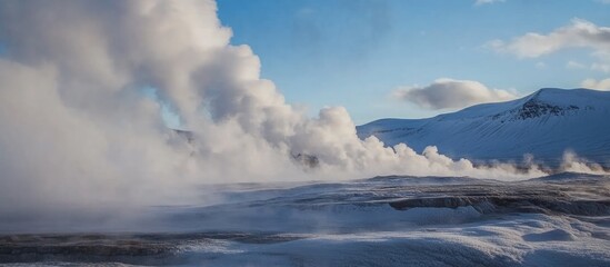 Obraz premium Reykjadalur steam valley showcasing snow-covered hills and geothermal steam in a breathtaking winter landscape.