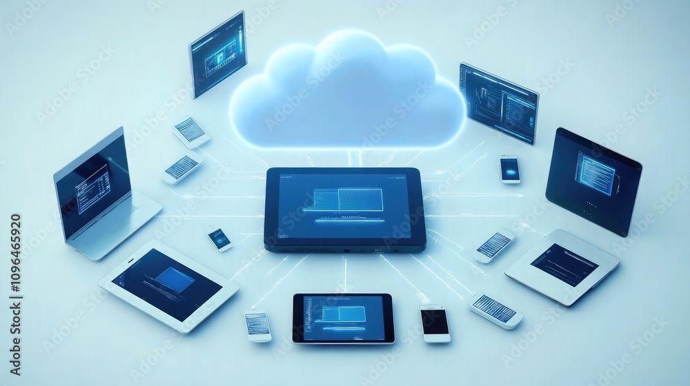 Poster cloud computing concept with networked devices synchronizing data through a centralized digital clou