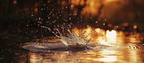 Golden sunset reflecting on water with dynamic splash creating ripples and sparkling droplets in a tranquil natural setting.